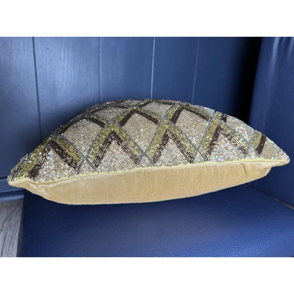 Set of 2 Pier 1 Gold Beaded Accent Throw Pillows 12x12 Geometric Diamond